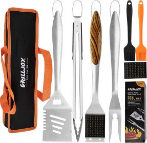 Grilljoy 8PCS Heavy Duty BBQ Grill Tools Set With Extra Thick Stainless Steel Spatula, Fork, Tongs & Cleaning Brush - Complete Barbecue Accessori