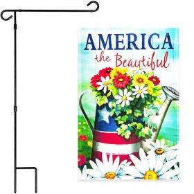 Combo Pack Garden Flag Stand Black 36x16 Inch & Garden Flag America the Beautiful Spring Flowers Watering Can 12x18 Inch