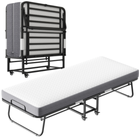 Folding Bed With Mattress  Foam Mattress All Steel Pipe Frame (Color: Black)