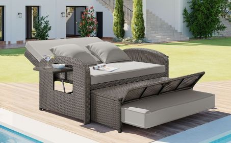 TOPMAX PE Wicker Rattan Double Chaise Lounge, 2-Person Reclining Daybed with Adjustable Back and Cushions, Free Furniture Protection Cover (Color: as Pic)