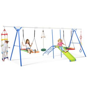6 in 1 Swing Set for Kids, Toddle Outdoor Swing and Slide Set, Backyard Playground Playsets with Climbing Rope ladder, Disc Swing, Monkey Bar Swi (Color: as Pic)