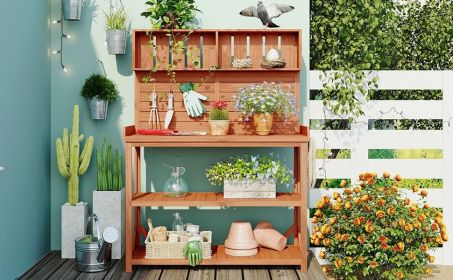 TOPMAX 65" Large Wooden Farmhouse Rustic Outdoor Potting Bench Table, Patio Workstation, Garden Potting Bench with 4 Storage Shelves and Side Hoo (Color: as Pic)