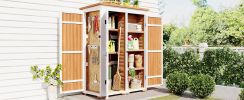 [Video Provided] TOPMAX Outdoor 5.5ft Hx4.1ft L Wood Storage Shed, Garden Tool Cabinet with Waterproof Asphalt Roof, Four Lockable Doors