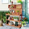 TOPMAX 65" Large Wooden Farmhouse Rustic Outdoor Potting Bench Table, Patio Workstation, Garden Potting Bench with 4 Storage Shelves and Side Hook